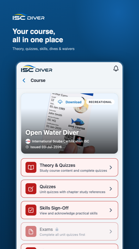 The ISC DIVER course hub, showing an Open Water Diver course with theory, quizzes, skills sign-off and exams.